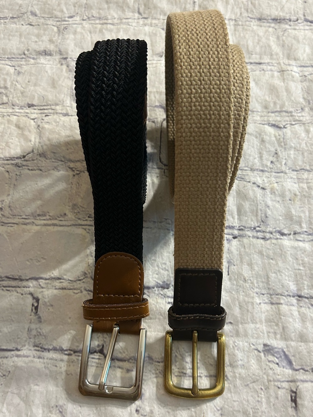 BROOKS LEATHER BRASS BUCKLE TAN WEB BELT SIZE 38 & BLACK STRETCH BROWN BELT 36